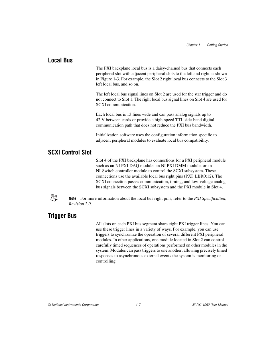 Local bus, Scxi control slot, Trigger bus | Local bus -7 scxi control slot -7 trigger bus -7 | National Instruments PXI NI PXI-1052 User Manual | Page 14 / 70