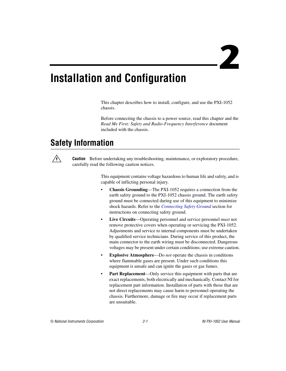 Chapter 2 installation and configuration, Safety information, Safety information -1 | Installation and configuration | National Instruments PXI NI PXI-1052 User Manual | Page 16 / 70