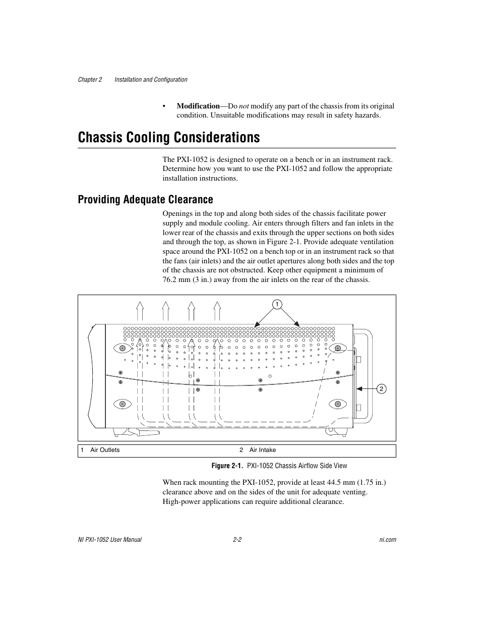 Chassis cooling considerations, Providing adequate clearance, Figure 2-1. pxi-1052 chassis airflow side view | Chassis cooling considerations -2, Providing adequate clearance -2 | National Instruments PXI NI PXI-1052 User Manual | Page 17 / 70