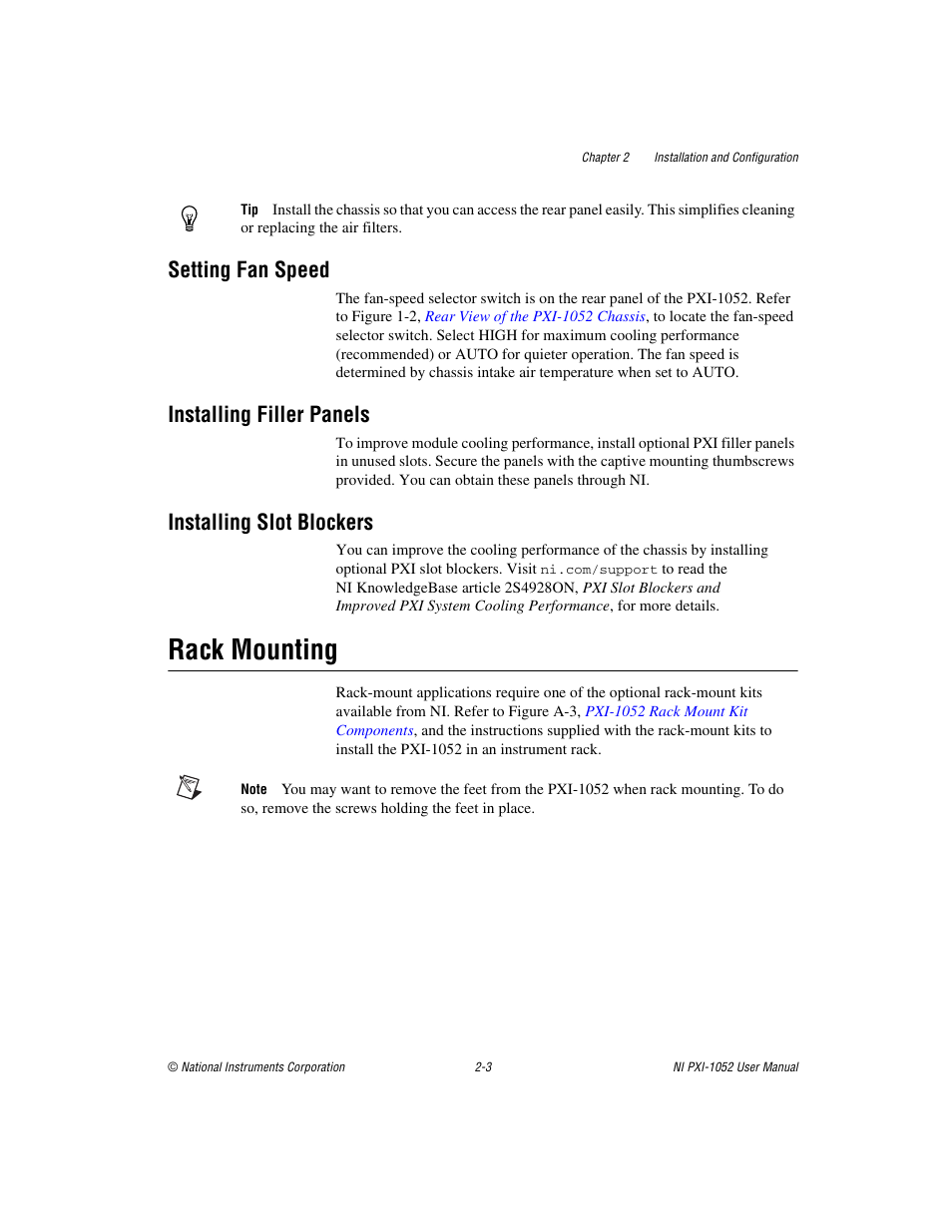 Setting fan speed, Installing filler panels, Installing slot blockers | Rack mounting, Rack mounting -3 | National Instruments PXI NI PXI-1052 User Manual | Page 18 / 70