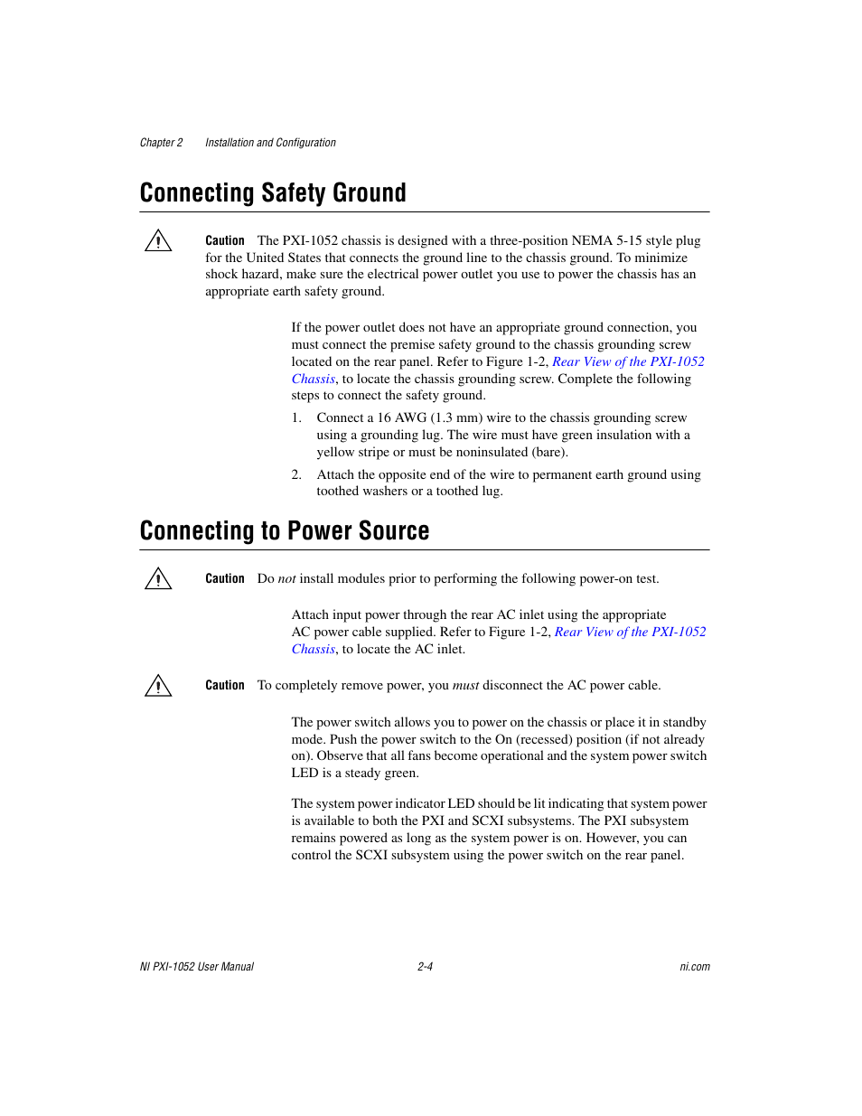 Connecting safety ground, Connecting to power source | National Instruments PXI NI PXI-1052 User Manual | Page 19 / 70