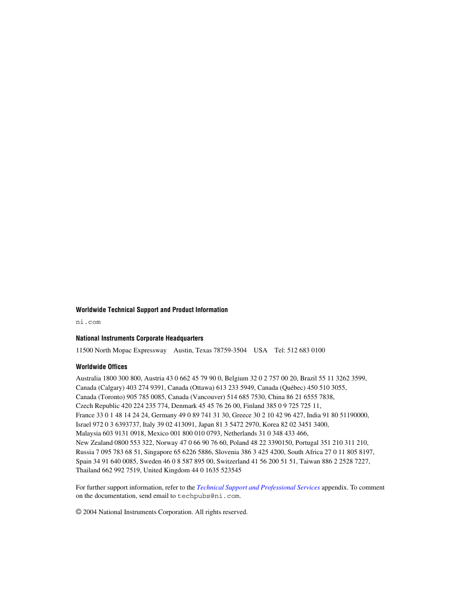 Support, National instruments corporate headquarters, Worldwide offices | National Instruments PXI NI PXI-1052 User Manual | Page 2 / 70