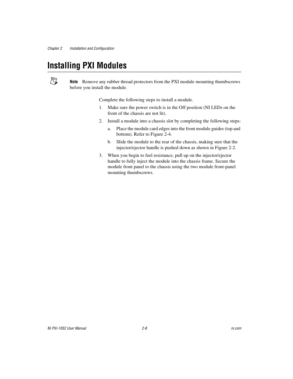 Installing pxi modules, Installing pxi modules -8 | National Instruments PXI NI PXI-1052 User Manual | Page 23 / 70