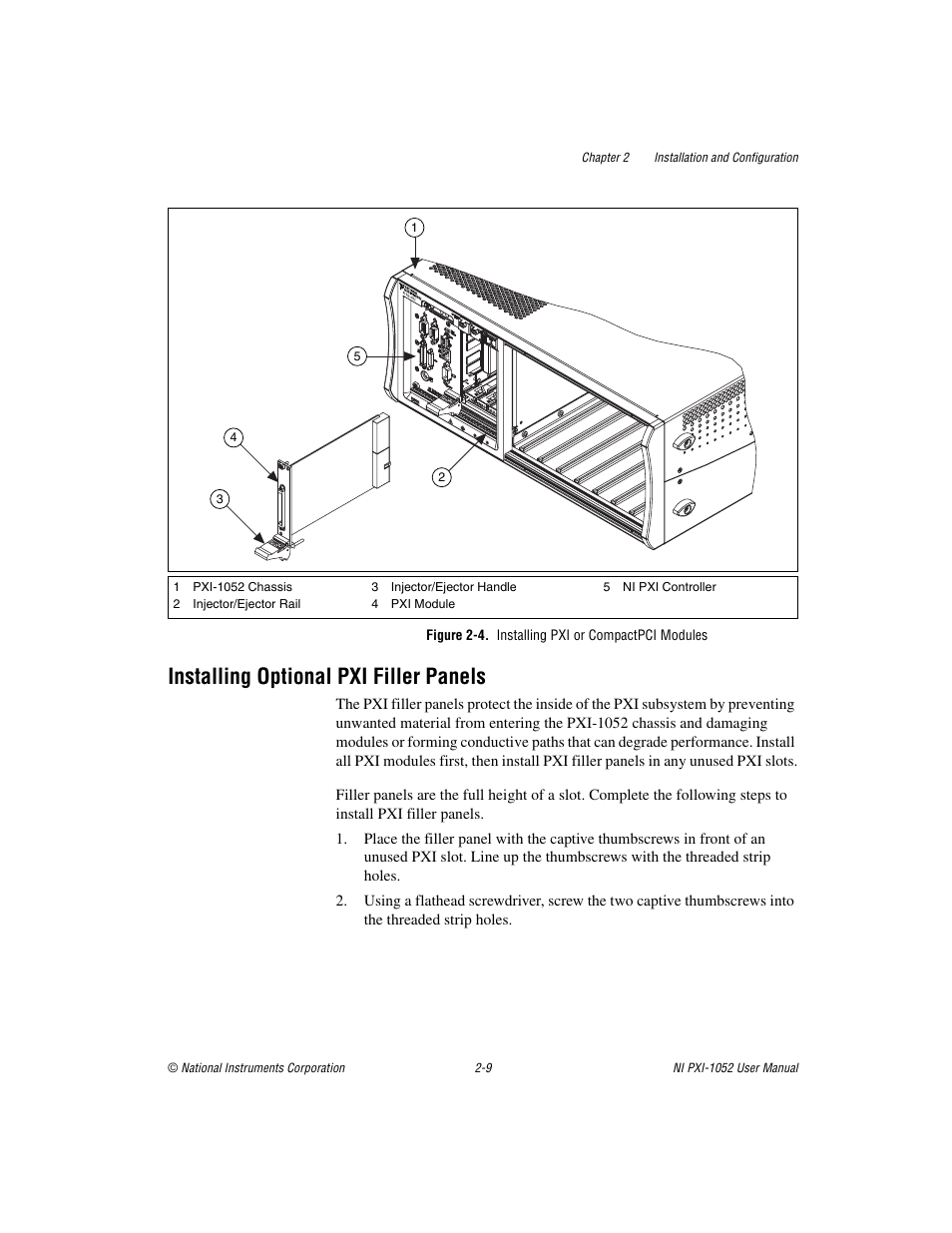 Figure 2-4. installing pxi or compactpci modules, Installing optional pxi filler panels, Installing optional pxi filler panels -9 | National Instruments PXI NI PXI-1052 User Manual | Page 24 / 70
