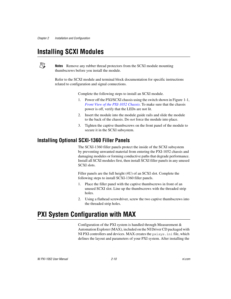 Installing scxi modules, Installing optional scxi-1360 filler panels, Pxi system configuration with max | Installing scxi modules -10, Installing optional scxi-1360 filler panels -10, Pxi system configuration with max -10 | National Instruments PXI NI PXI-1052 User Manual | Page 25 / 70