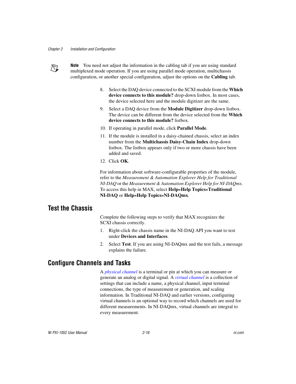Test the chassis, Configure channels and tasks | National Instruments PXI NI PXI-1052 User Manual | Page 31 / 70