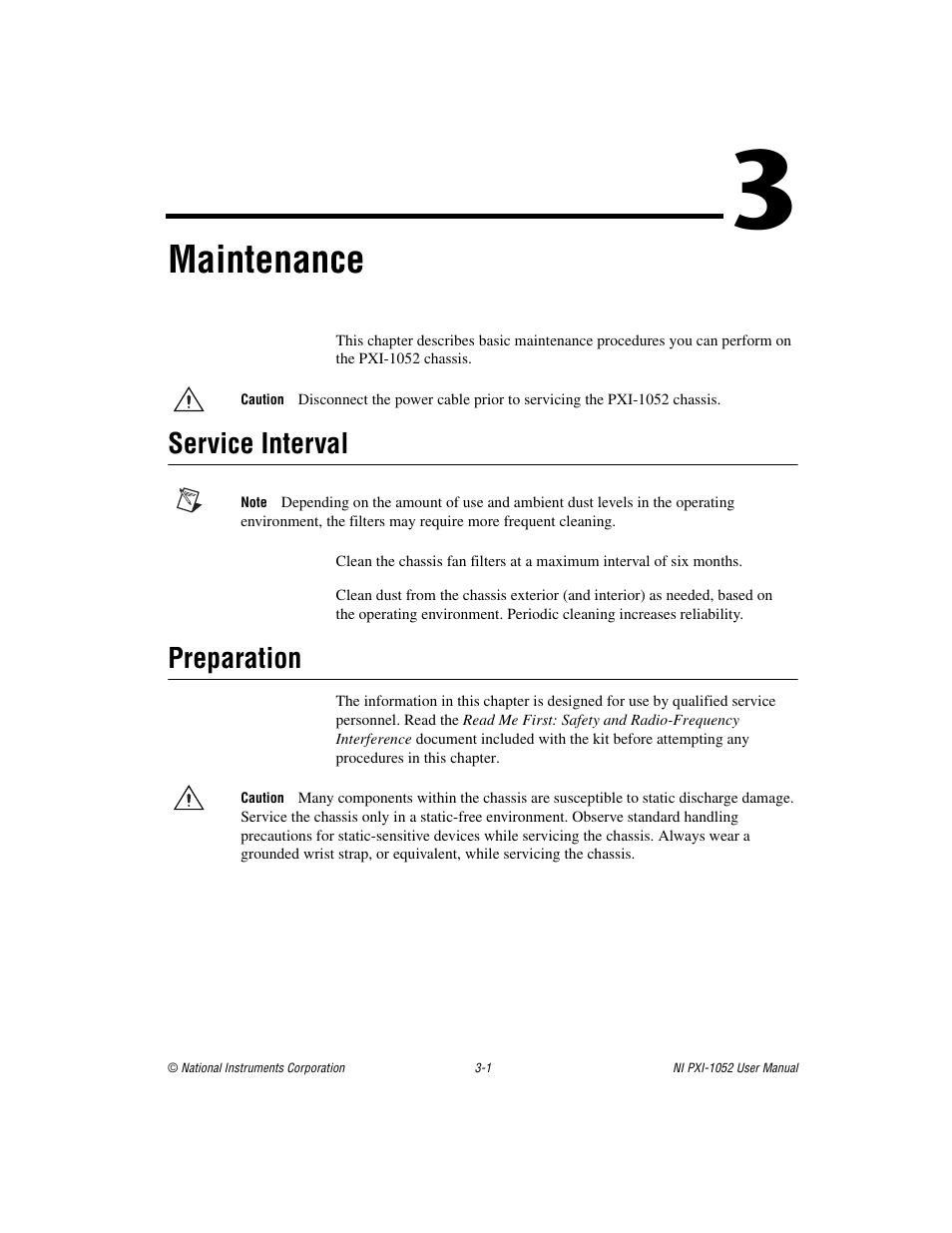 Chapter 3 maintenance, Service interval, Preparation | Service interval -1 preparation -1, Maintenance | National Instruments PXI NI PXI-1052 User Manual | Page 37 / 70