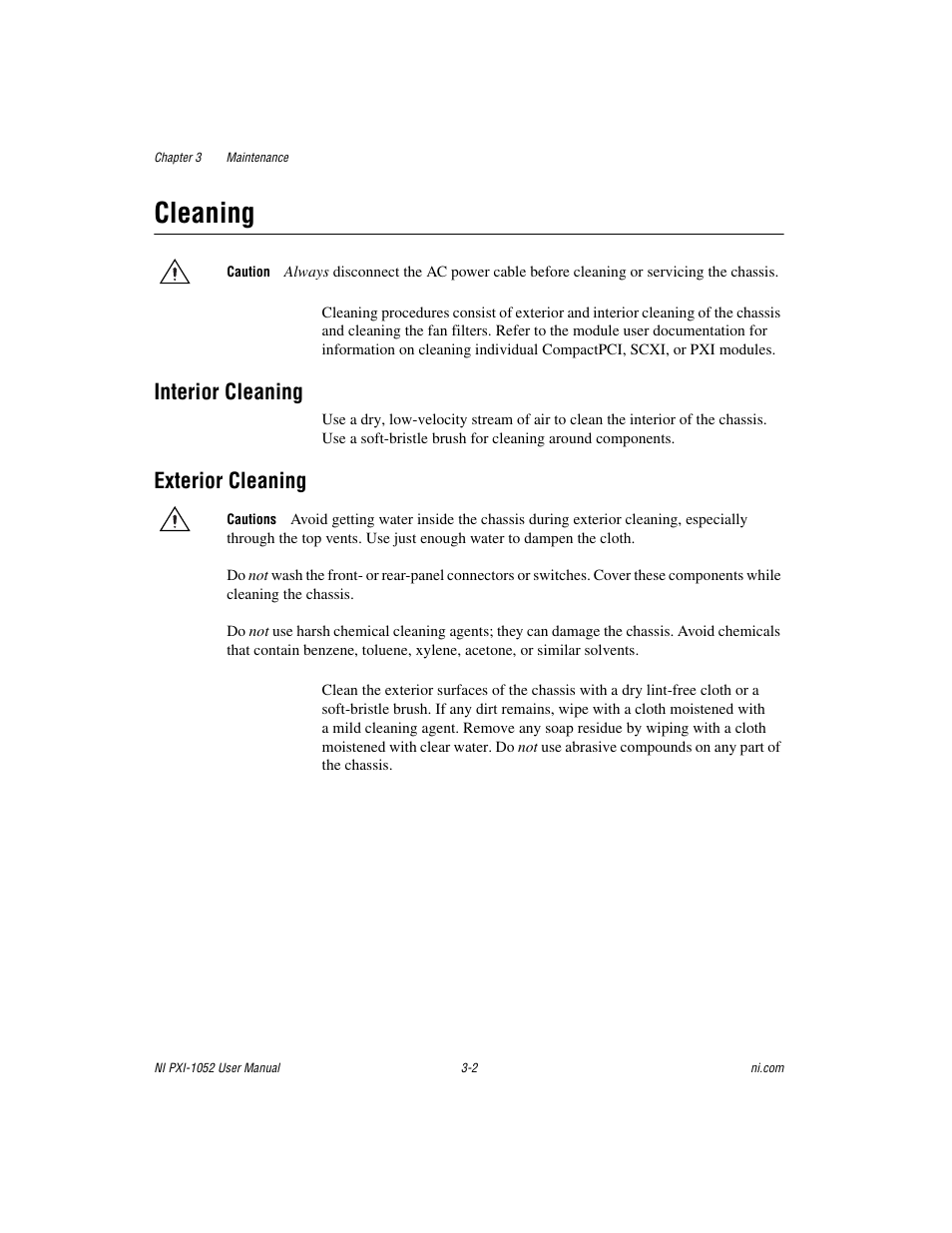 Cleaning, Interior cleaning, Exterior cleaning | Cleaning -2, Interior cleaning -2 exterior cleaning -2 | National Instruments PXI NI PXI-1052 User Manual | Page 38 / 70