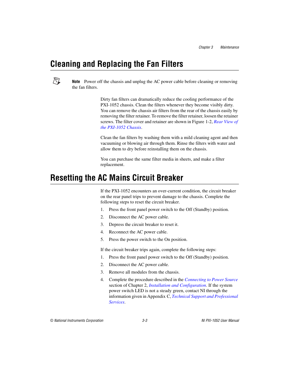 Cleaning and replacing the fan filters, Resetting the ac mains circuit breaker | National Instruments PXI NI PXI-1052 User Manual | Page 39 / 70