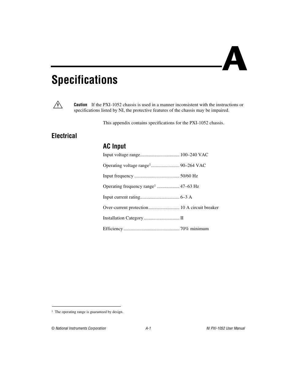 Appendix a specifications, Specifications | National Instruments PXI NI PXI-1052 User Manual | Page 41 / 70