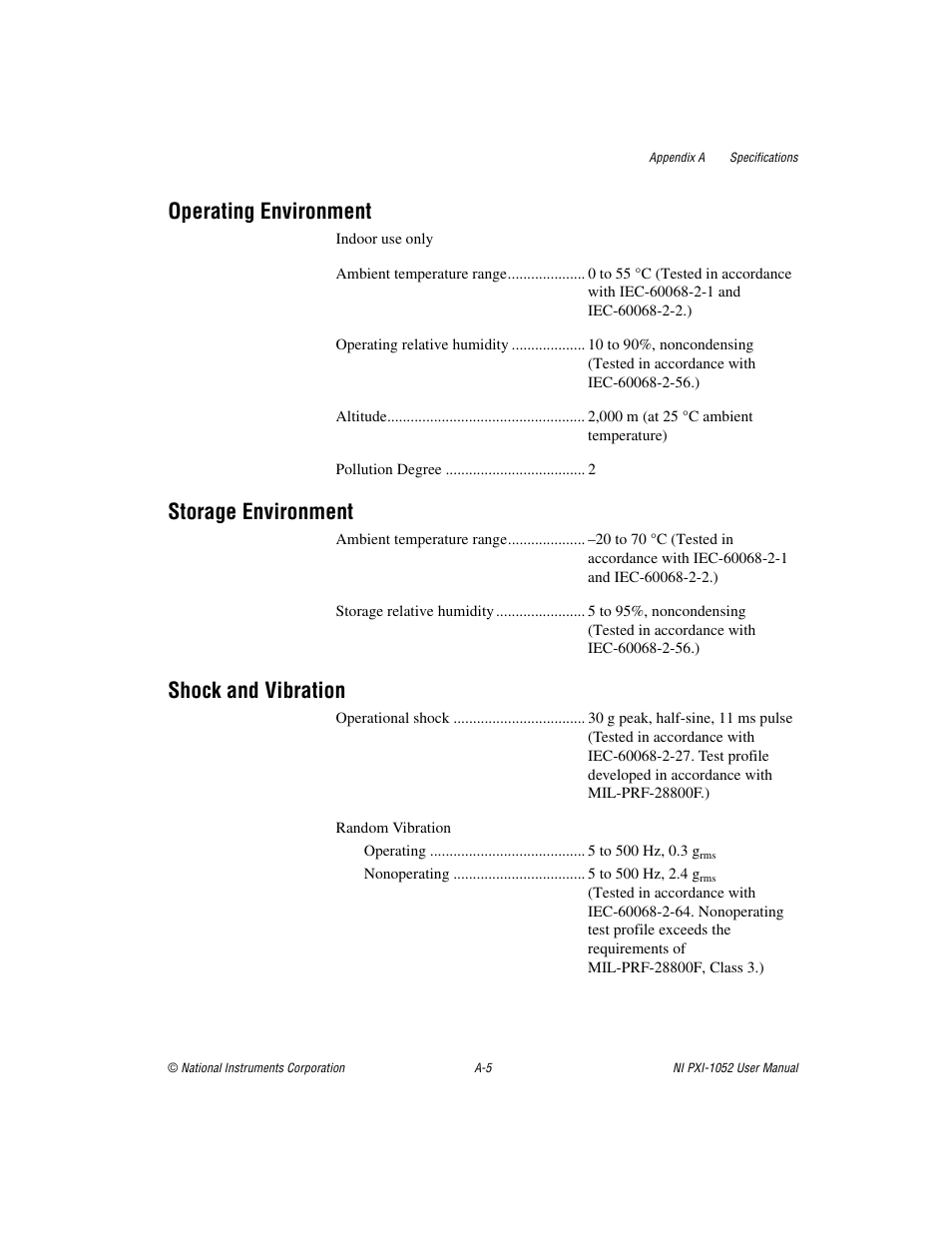 Operating environment, Storage environment, Shock and vibration | National Instruments PXI NI PXI-1052 User Manual | Page 45 / 70