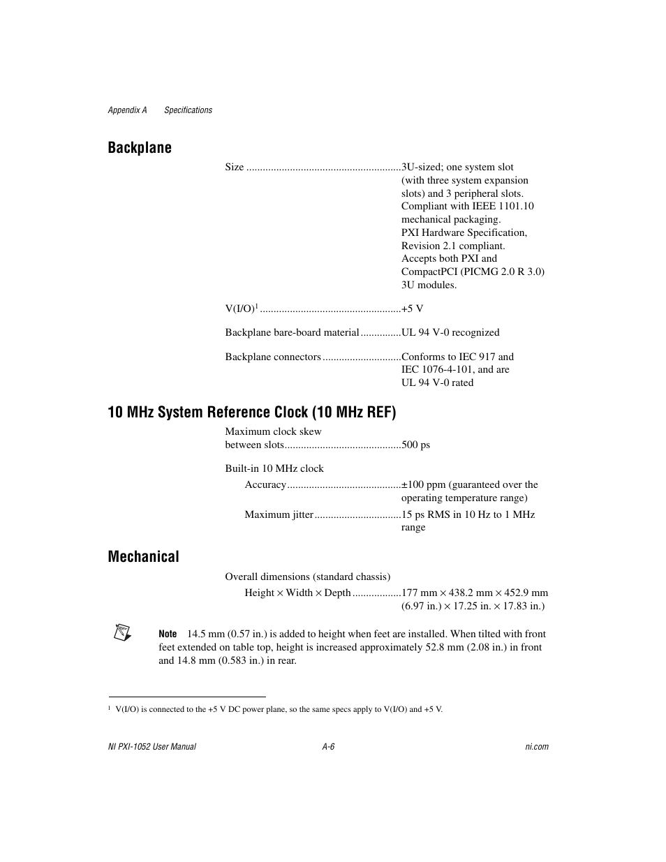 Backplane, 10 mhz system reference clock (10 mhz ref), Mechanical | National Instruments PXI NI PXI-1052 User Manual | Page 46 / 70