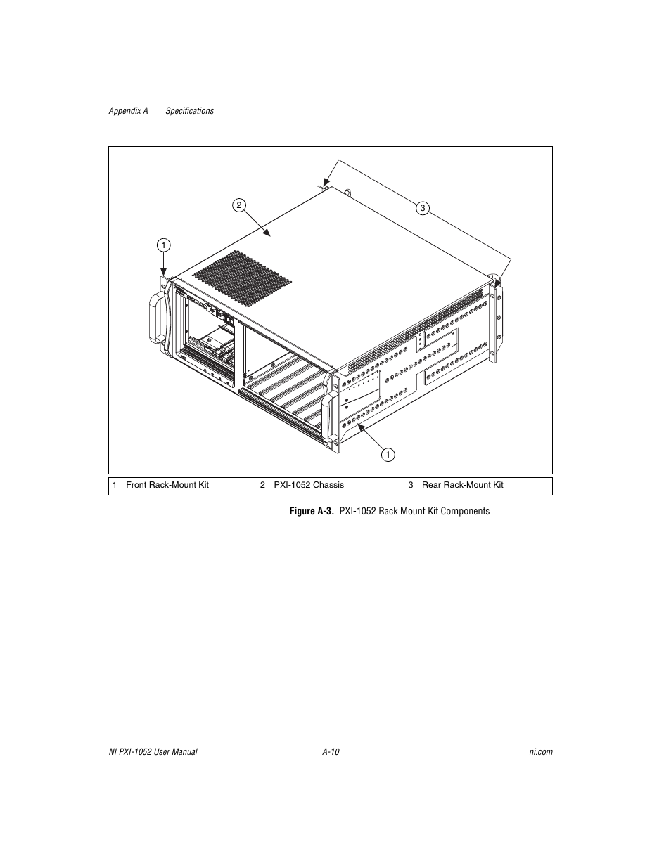 Figure a-3. pxi-1052 rack mount kit components, Re a-3, Pxi-1052 rack mount kit | Components | National Instruments PXI NI PXI-1052 User Manual | Page 50 / 70