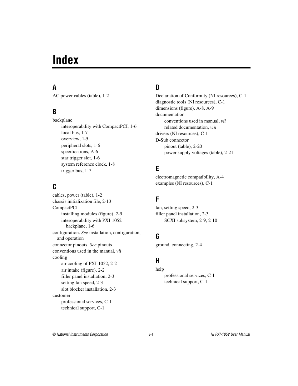 Index | National Instruments PXI NI PXI-1052 User Manual | Page 67 / 70