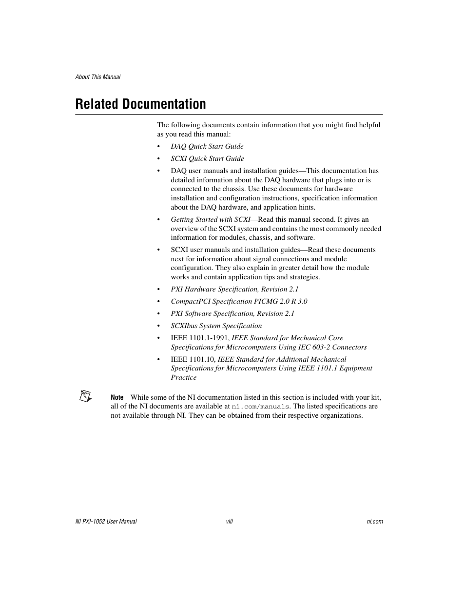 Related documentation | National Instruments PXI NI PXI-1052 User Manual | Page 7 / 70
