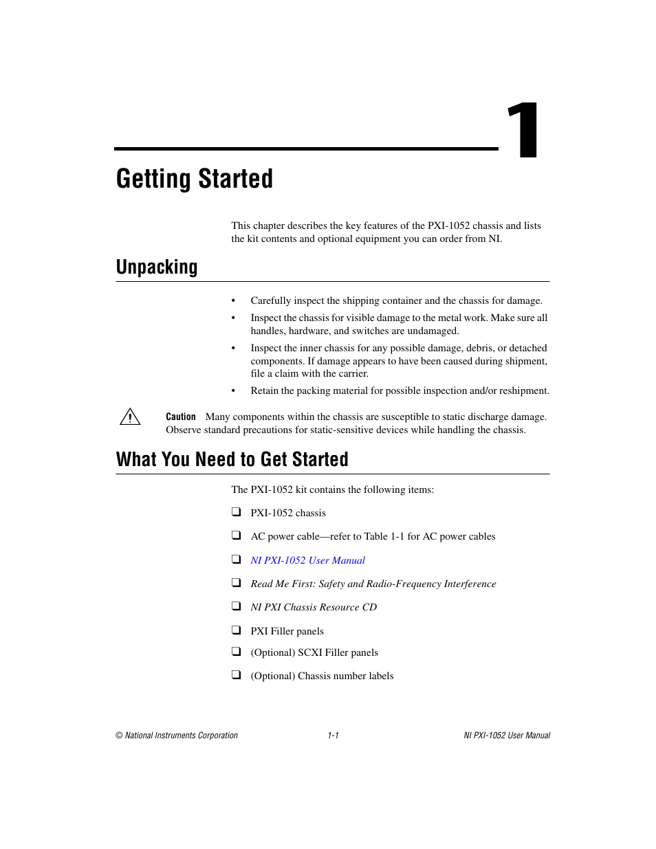 Chapter 1 getting started, Unpacking, What you need to get started | Unpacking -1 what you need to get started -1, Getting started | National Instruments PXI NI PXI-1052 User Manual | Page 8 / 70