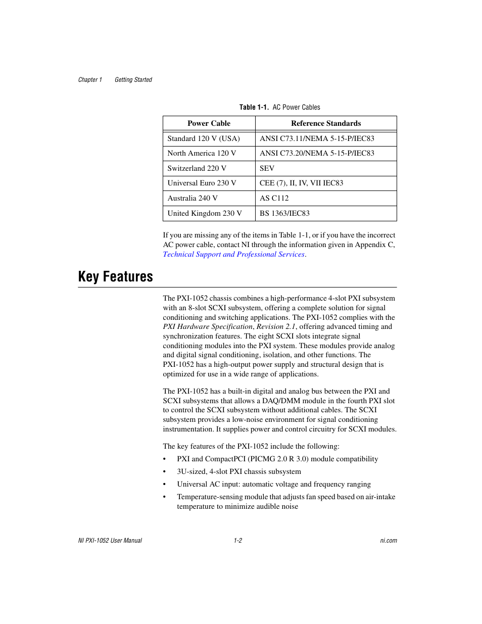Table 1-1. ac power cables, Key features, Key features -2 | National Instruments PXI NI PXI-1052 User Manual | Page 9 / 70