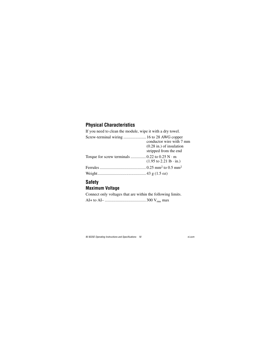 Physical characteristics, Safety, Maximum voltage | National Instruments NI 9225E User Manual | Page 18 / 25