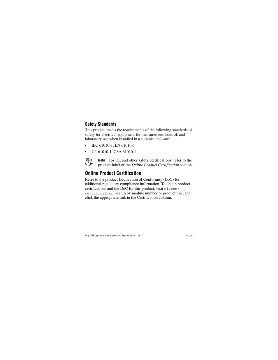 Safety standards, Online product certification | National Instruments NI 9225E User Manual | Page 20 / 25