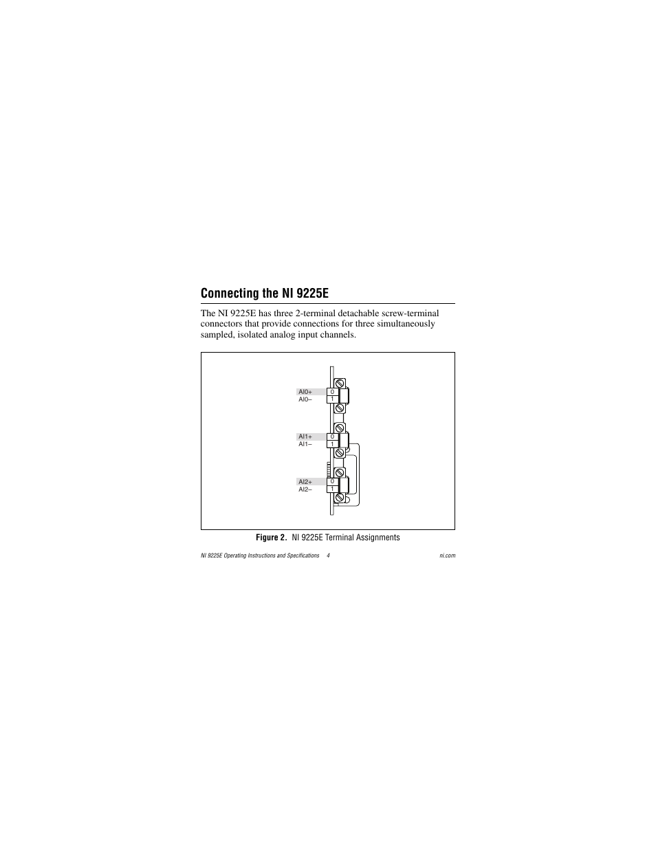 Connecting the ni 9225e, Figure 2. ni 9225e terminal assignments | National Instruments NI 9225E User Manual | Page 4 / 25
