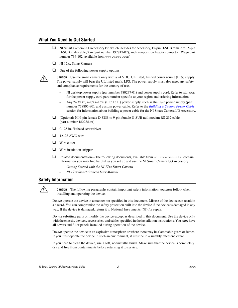 What you need to get started, Safety information | National Instruments Smart Camera User Manual | Page 2 / 11