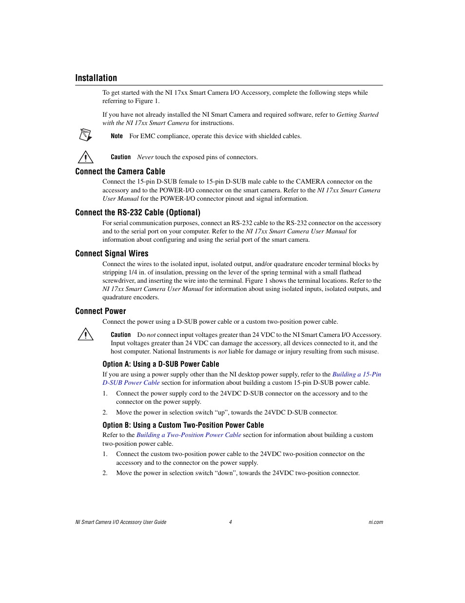 Installation, Connect the camera cable, Connect the rs-232 cable (optional) | Connect signal wires, Connect power, Option a: using a d-sub power cable, Option b: using a custom two-position power cable | National Instruments Smart Camera User Manual | Page 4 / 11