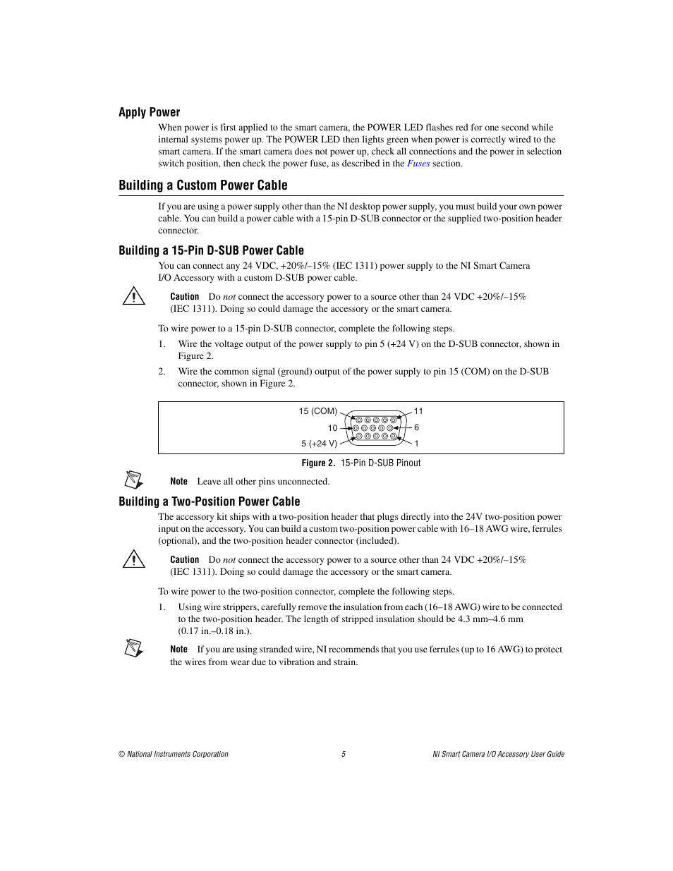 Apply power, Building a custom power cable, Building a 15-pin d-sub power cable | Figure 2. 15-pin d-sub pinout, Building a two-position power cable, Building a 15-pin, D-sub power cable, Section f | National Instruments Smart Camera User Manual | Page 5 / 11