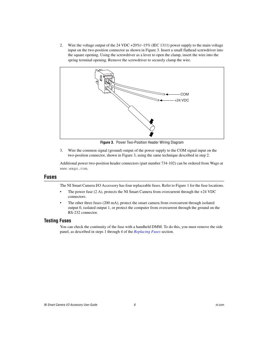 Figure 3. power two-position header wiring diagram, Fuses, Testing fuses | Section | National Instruments Smart Camera User Manual | Page 6 / 11