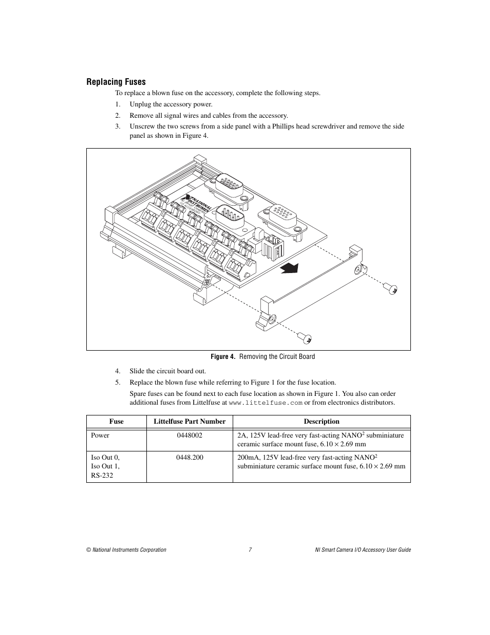 Replacing fuses, Figure 4. removing the circuit board, H 4 of the | Section | National Instruments Smart Camera User Manual | Page 7 / 11