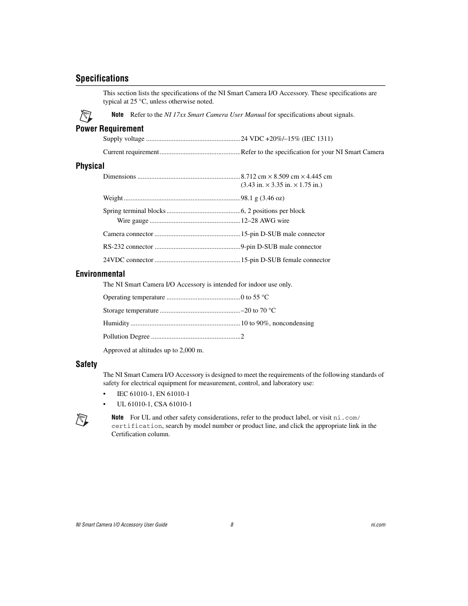 Specifications | National Instruments Smart Camera User Manual | Page 8 / 11
