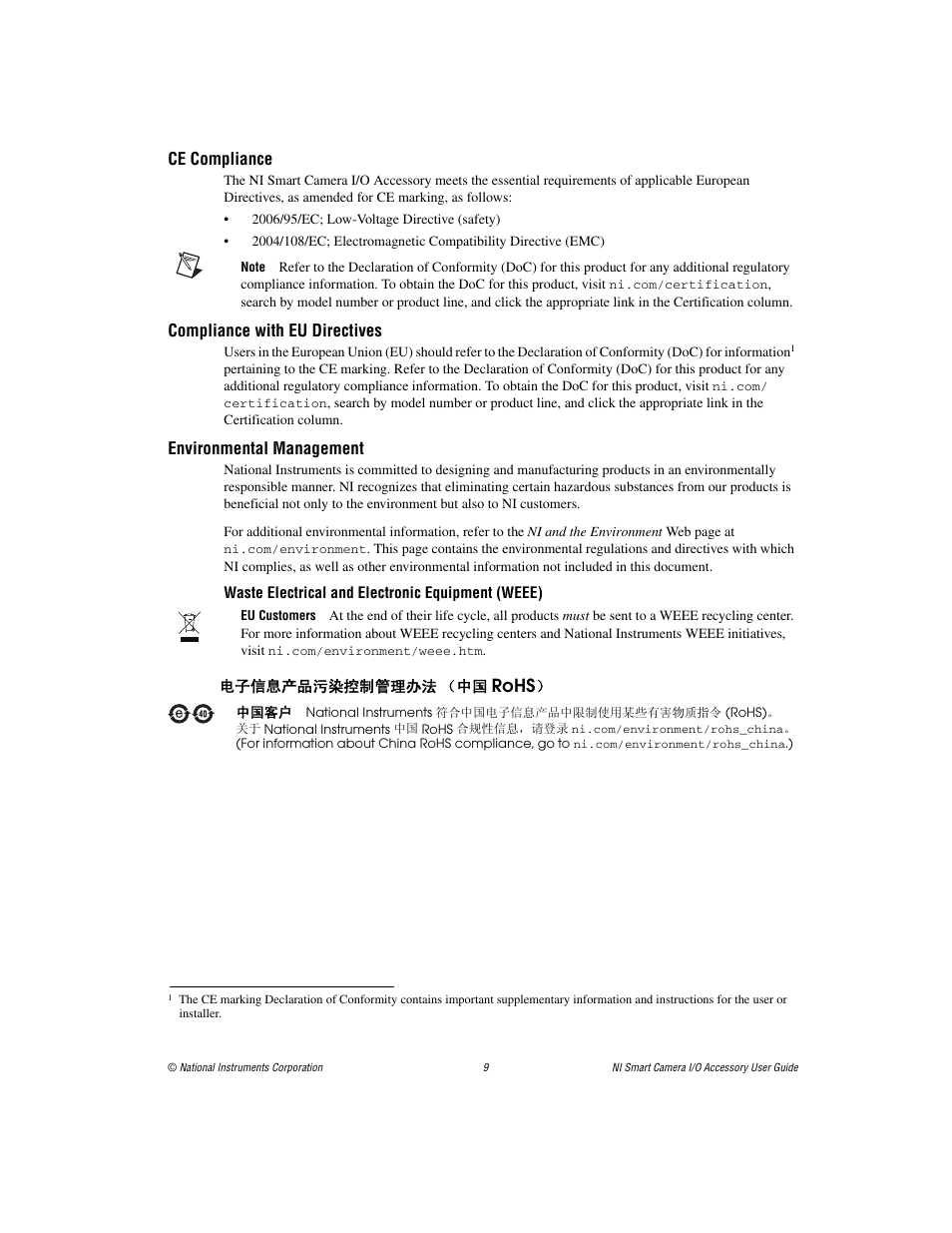 Rohs, Ce compliance, Compliance with eu directives | Environmental management | National Instruments Smart Camera User Manual | Page 9 / 11