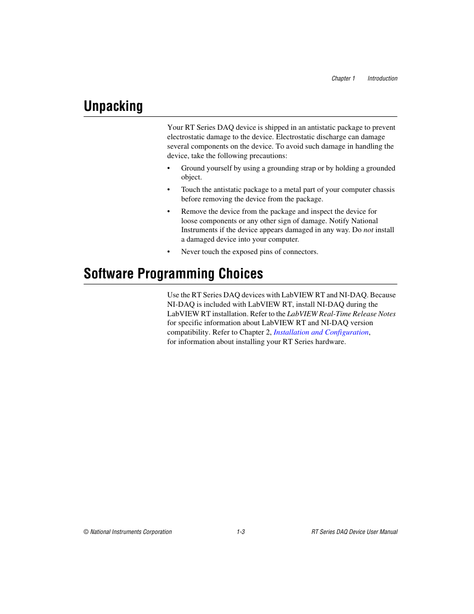 Unpacking, Software programming choices, Unpacking -3 software programming choices -3 | National Instruments RT Series User Manual | Page 12 / 36