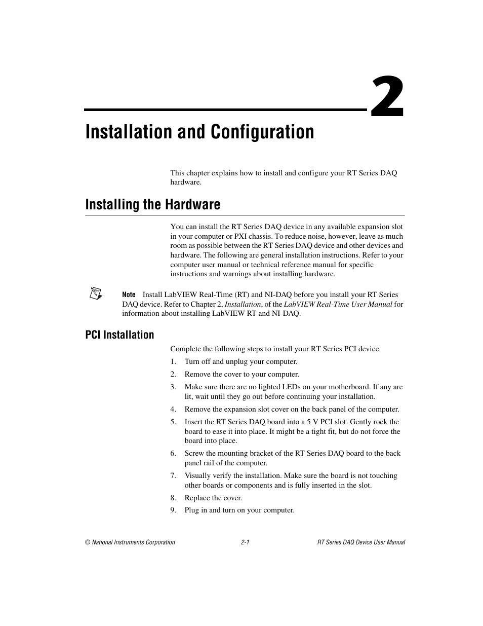 Chapter 2 installation and configuration, Installing the hardware, Pci installation | Installing the hardware -1, Pci installation -1, Installation and configuration | National Instruments RT Series User Manual | Page 13 / 36