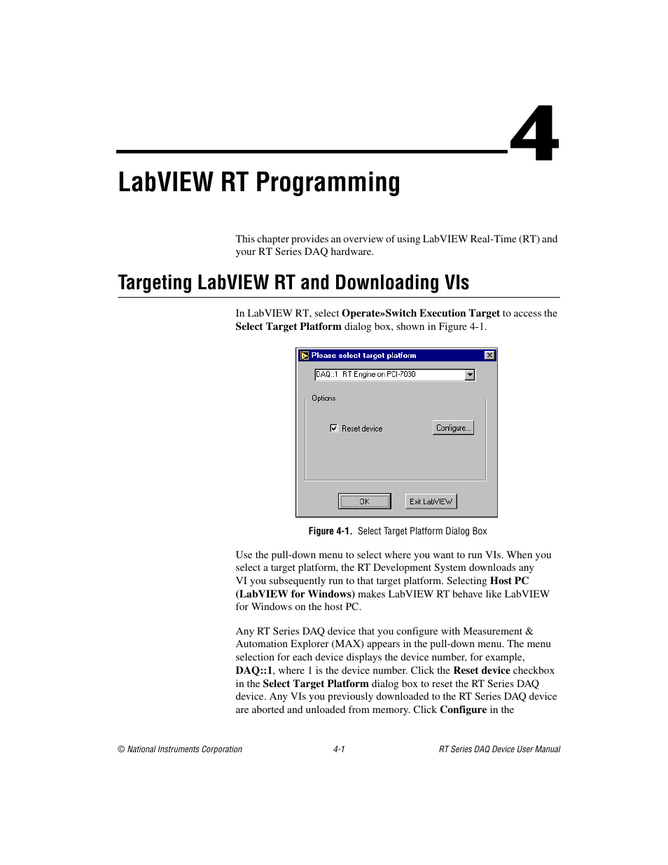 Chpter 4 labview rt programming, Targeting labview rt and downloading vis, Figure 4-1. select target platform dialog box | Chapter 4 labview rt programming, Targeting labview rt and downloading vis -1, Labview rt programming | National Instruments RT Series User Manual | Page 22 / 36