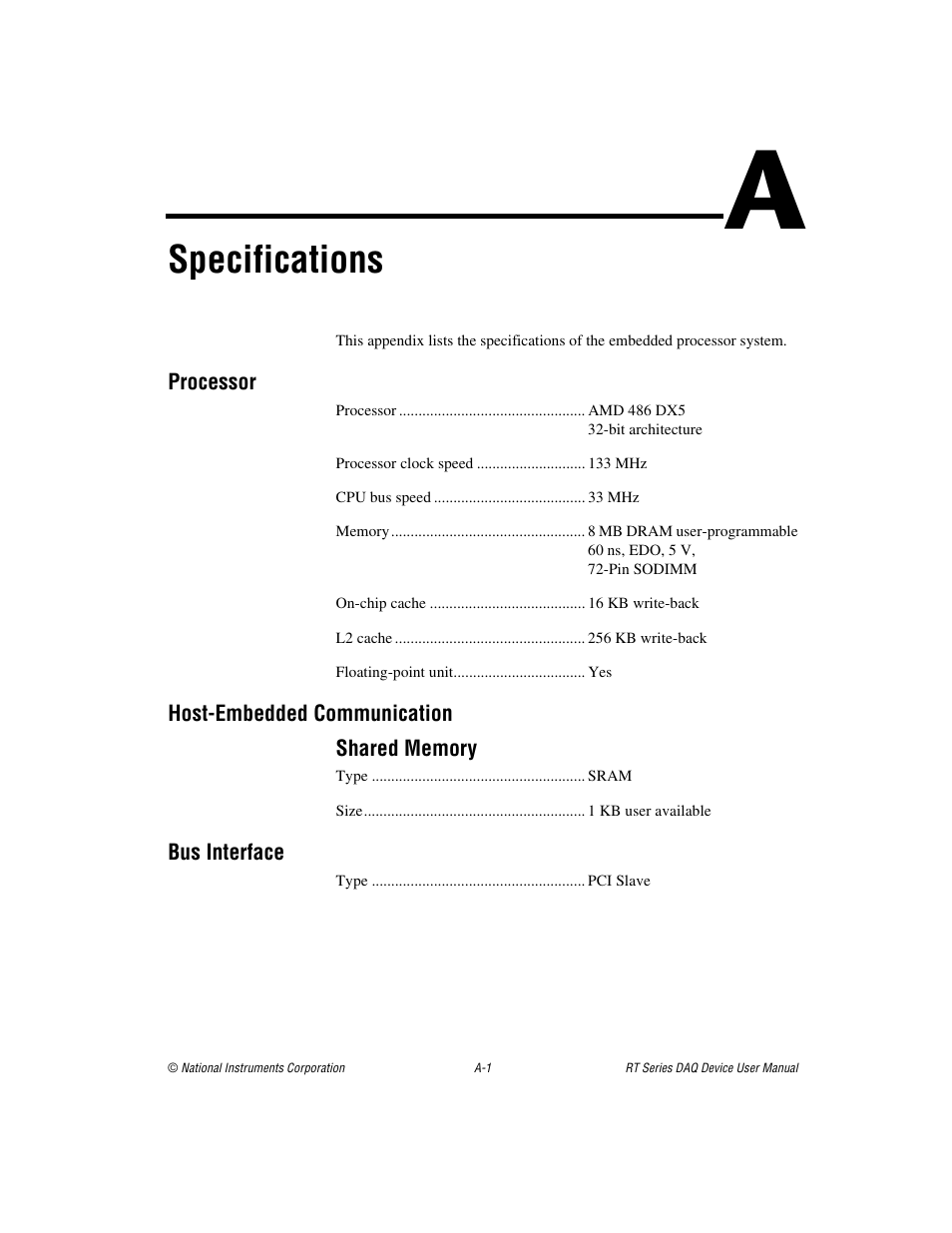 Appendix a specifications, Specifications | National Instruments RT Series User Manual | Page 27 / 36