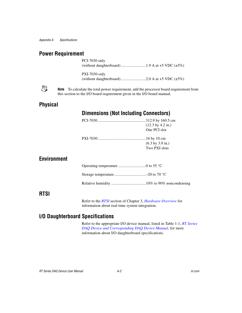 Power requirement, Physical dimensions (not including connectors), Environment | Rtsi, I/o daughterboard specifications | National Instruments RT Series User Manual | Page 28 / 36