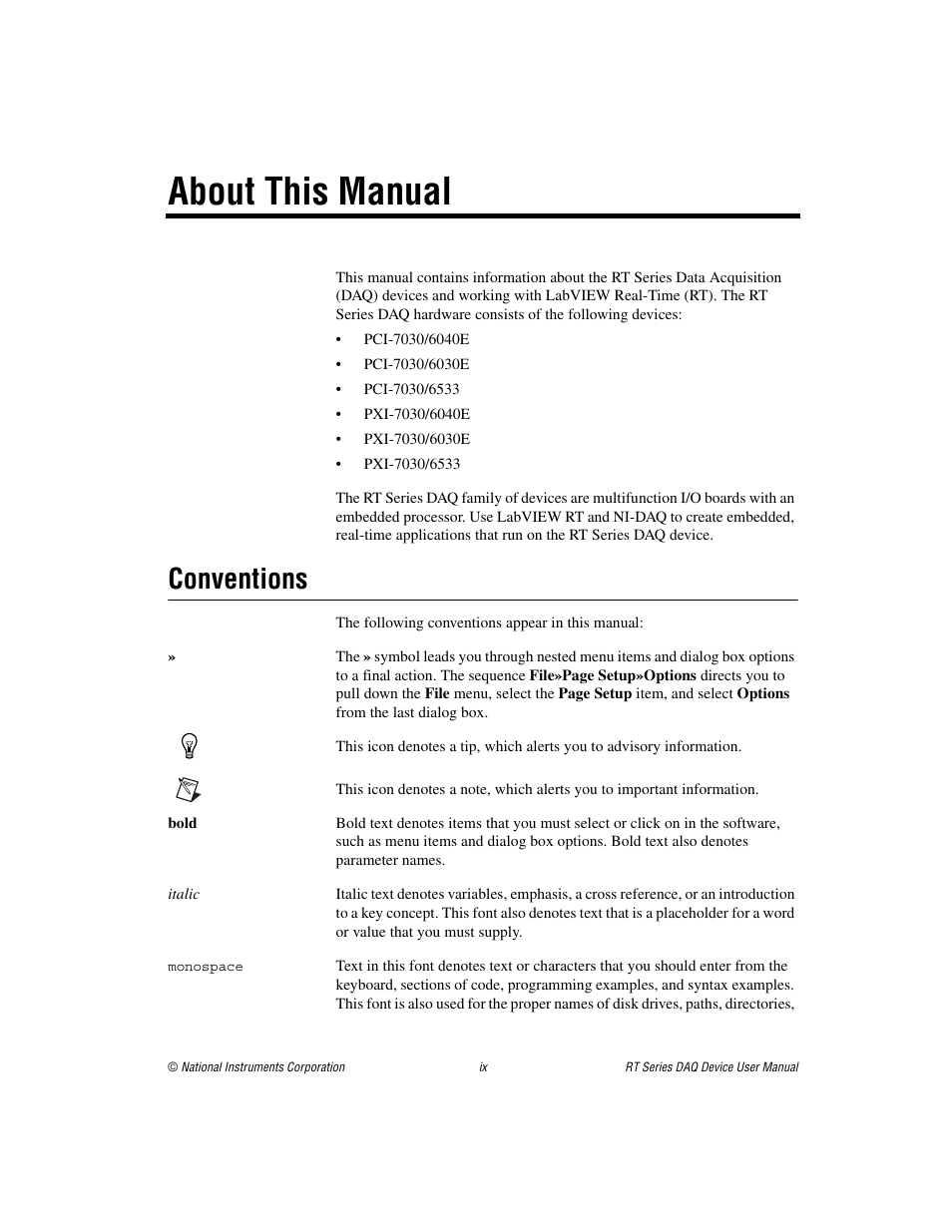 About this manual, Conventions | National Instruments RT Series User Manual | Page 8 / 36