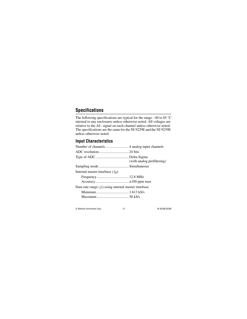 Specifications, Input characteristics, 9239e. refer to the | Section | National Instruments NI 9229E User Manual | Page 13 / 26