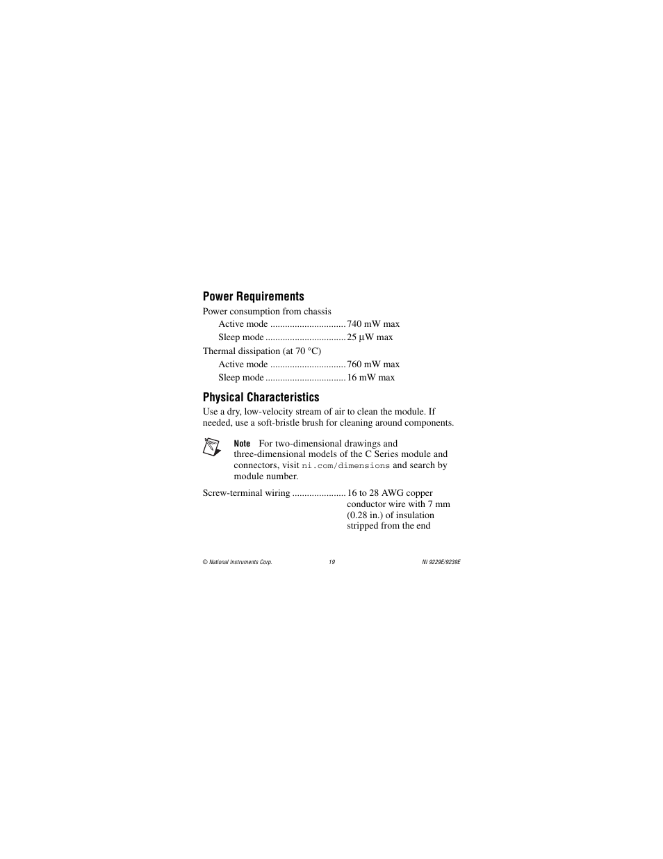 Power requirements, Physical characteristics | National Instruments NI 9229E User Manual | Page 19 / 26