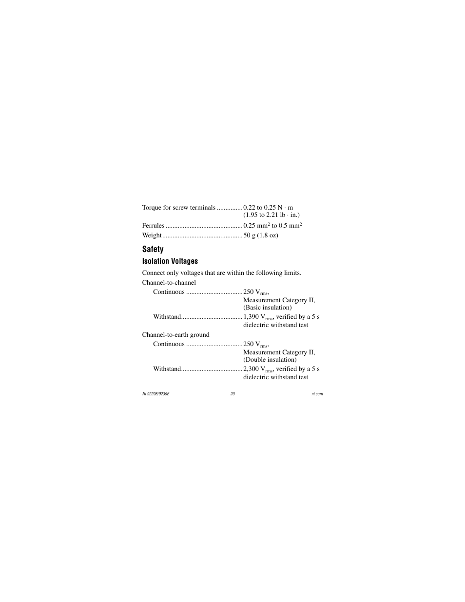 Safety, Isolation voltages | National Instruments NI 9229E User Manual | Page 20 / 26