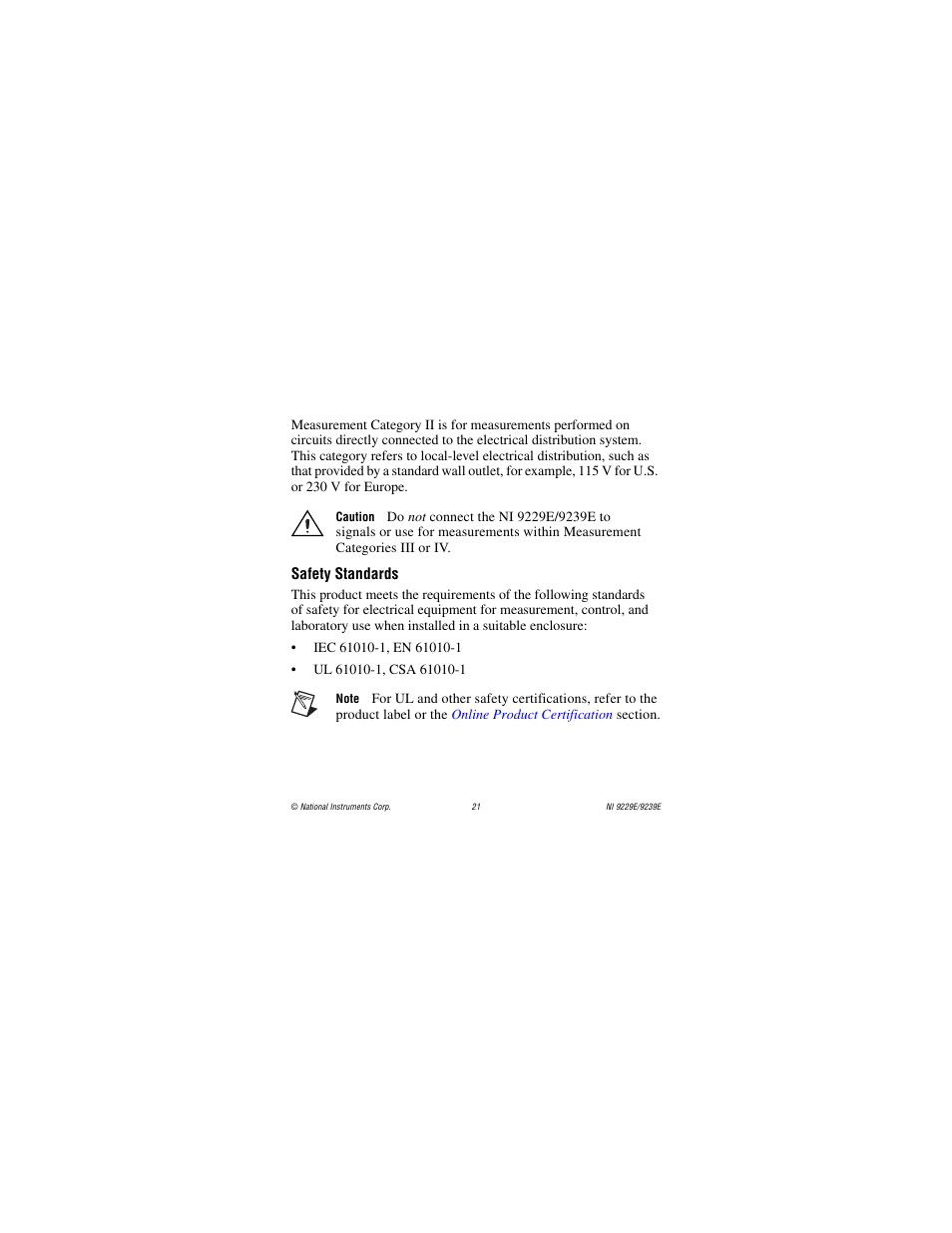 Safety standards | National Instruments NI 9229E User Manual | Page 21 / 26