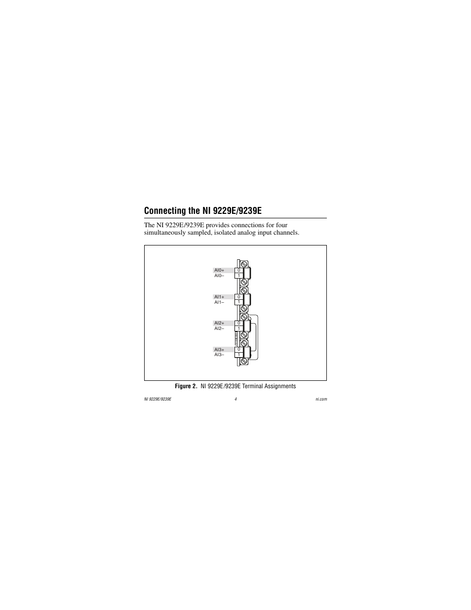 Connecting the ni 9229e/9239e, Figure 2. ni 9229e /9239e terminal assignments | National Instruments NI 9229E User Manual | Page 4 / 26