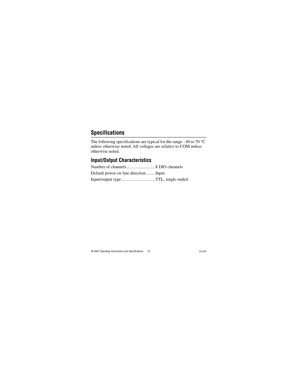 Specifications, Input/output characteristics | National Instruments NI 9401 User Manual | Page 12 / 24