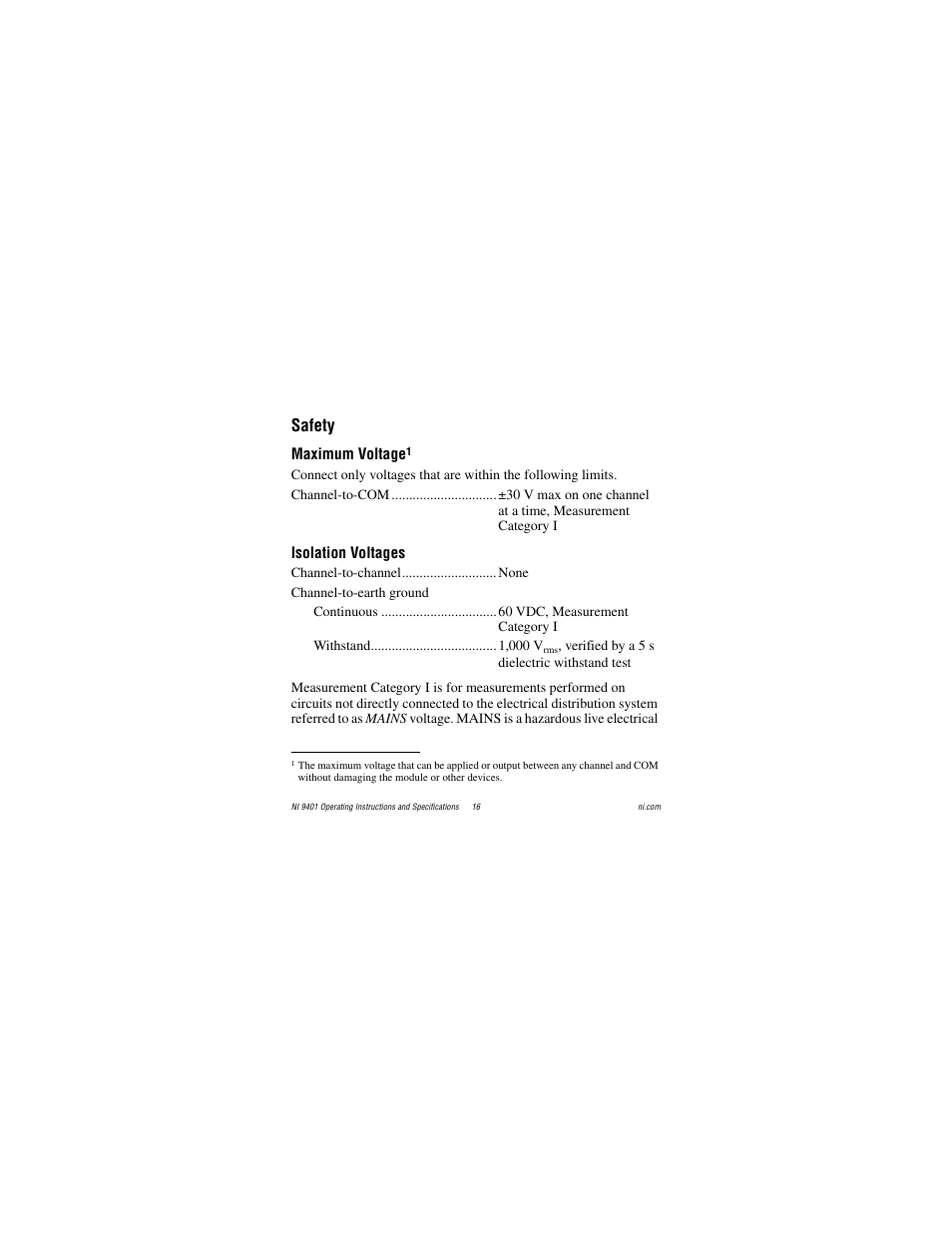 Safety, Maximum voltage, Isolation voltages | National Instruments NI 9401 User Manual | Page 16 / 24
