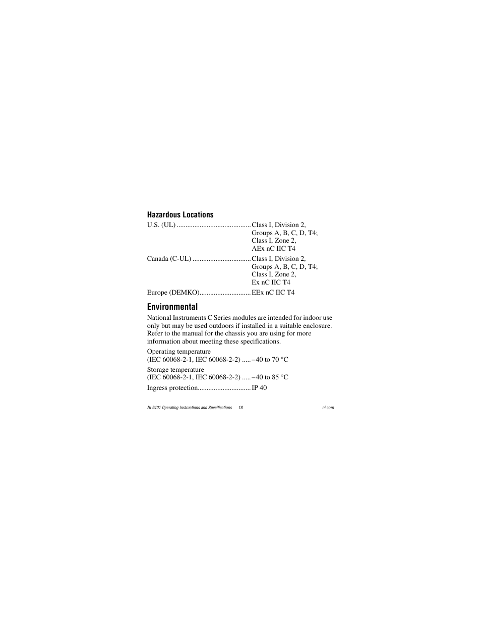 Hazardous locations, Environmental | National Instruments NI 9401 User Manual | Page 18 / 24