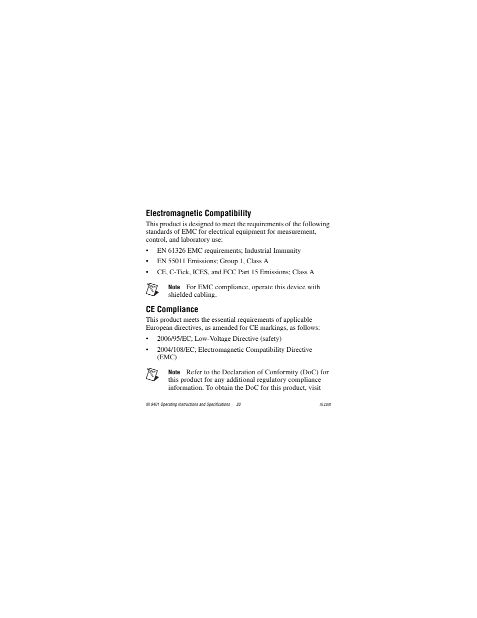 Electromagnetic compatibility, Ce compliance | National Instruments NI 9401 User Manual | Page 20 / 24