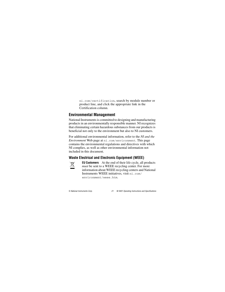 Environmental management | National Instruments NI 9401 User Manual | Page 21 / 24