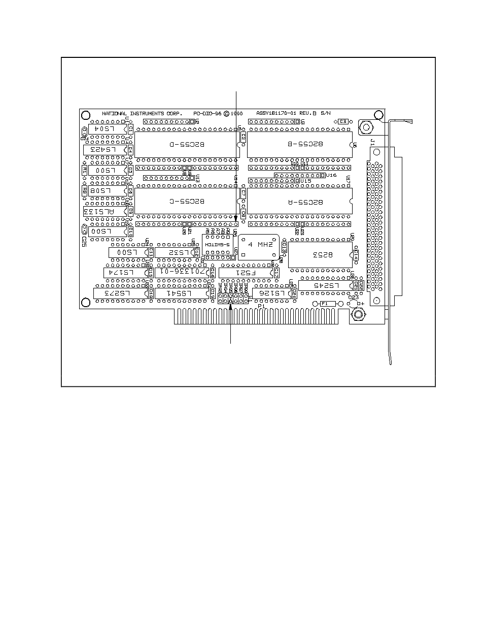 Base i/o address settings, Figure 2-1, Pc-dio-96 parts locator diagram | National Instruments PC-DIO-96 User Manual | Page 20 / 105