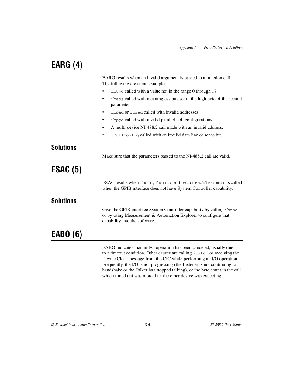 Earg (4), Esac (5), Eabo (6) | Solutions | National Instruments NI-488.2 User Manual | Page 106 / 134