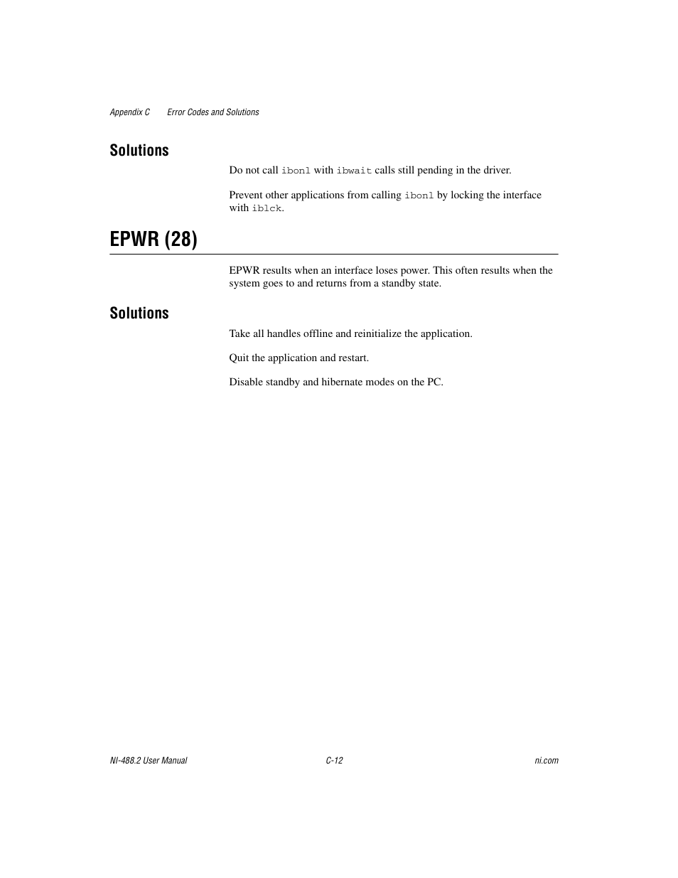 Epwr (28), Solutions | National Instruments NI-488.2 User Manual | Page 113 / 134